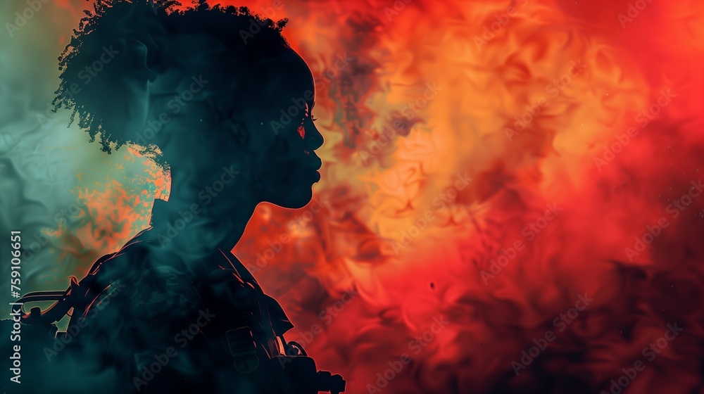 Silhouette of Soldier Against Chaotic, Fiery PTSD-Inspired Backdrop