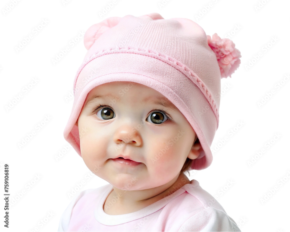 Cute baby girl in Pink hat, isolated on transparent background. Cute baby girl in Pink hat, isolated on transparent background.