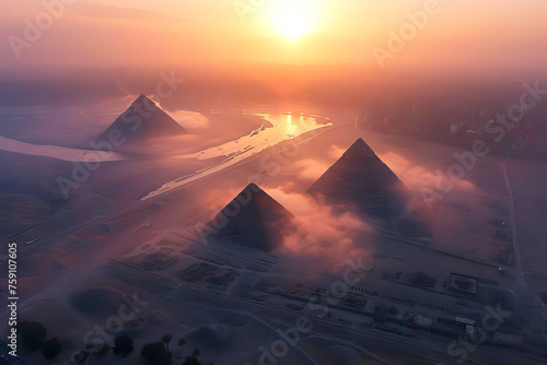 The sun rises over the iconic Egyptian pyramids at Giza, casting a warm glow over the ancient structures.