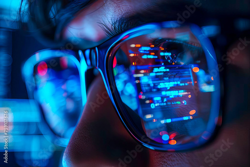 Detailed view of a persons face with focus on eyes and glasses, in front of a computer monitor.
