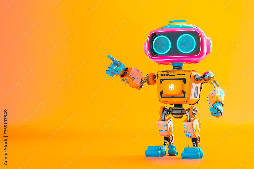 Colorful toy robot is pointing at something. Colorful toy robot is pointing at something.