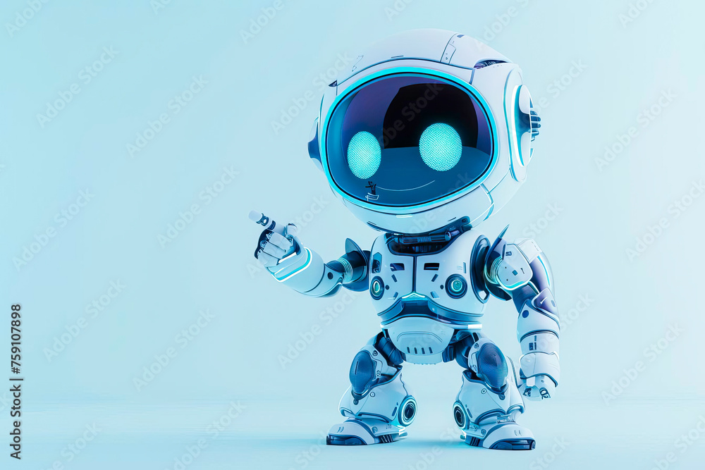 A positive cute robot with glowing eyes pointing at something unidentified. A positive cute robot with glowing eyes pointing at something unidentified.