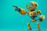 A yellow robot pointing at something in a determined stance.