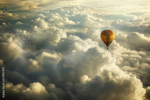 A lone hot air balloon drifts serenely through a vast expanse of fluffy white clouds.  photo