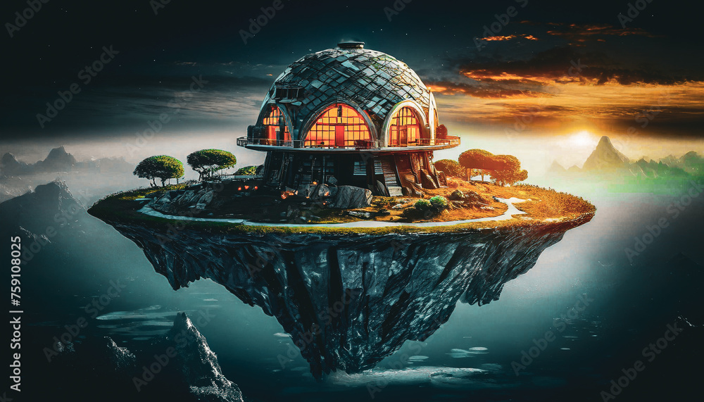 A palace hovering over the mountains on an island, illuminated by intense sunlight, with a dark twist. Perfect for banners promoting mystery or adventure. - obrazy, fototapety, plakaty 