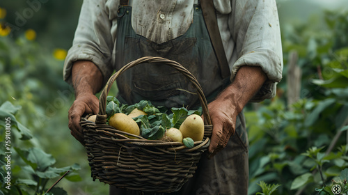 Close-up of a farmer holding a basket of freshly harvested vegetables.