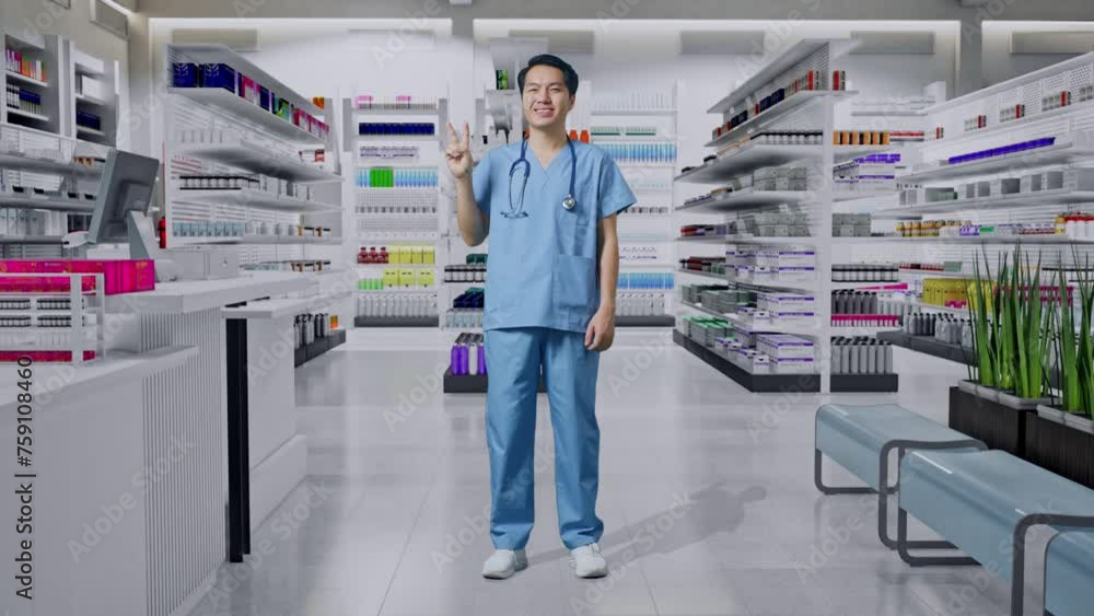 Full Body Of Asian Male Doctor With Stethoscope Showing Gesture Peace And Smiling In Pharmacy Full Body Of Asian Male Doctor With Stethoscope Showing Gesture Peace And Smiling In Pharmacy