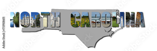Banner collage of North Carolina images over state shape, including NC beaches, mountains and cities