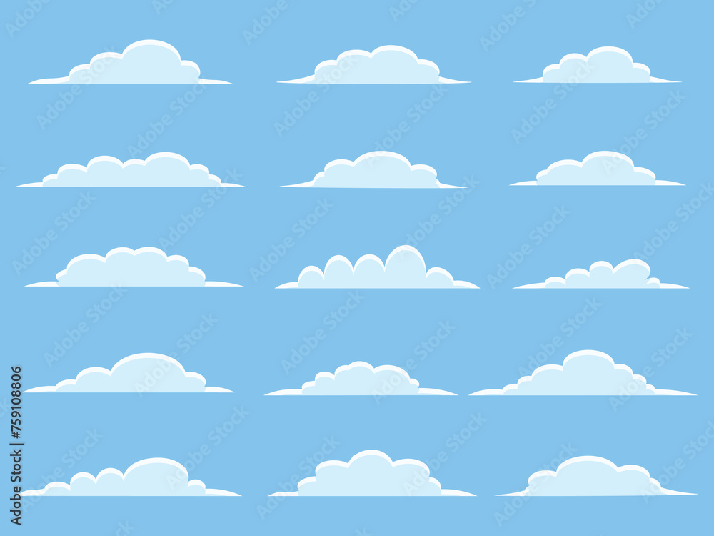 Set of Different Clouds Isolated on Blue Background Set of Different Clouds Isolated on Blue Background