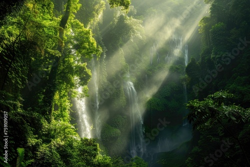 A cascading waterfall plunges into a crystal-clear pool nestled amidst lush ferns and vibrant green foliage. © Moon Story
