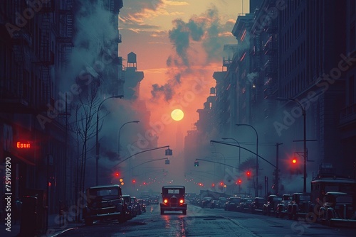 Classic cars line a bustling city street at sunset, with steam rising atmospherically around the silhouettes of buildings, Generative AI