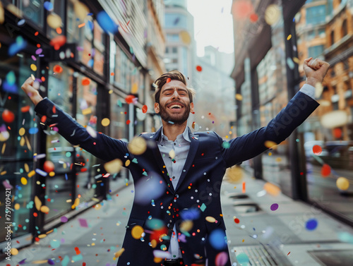 Happy businessman in suit throwing confetti on downtown city street, celebrating success 