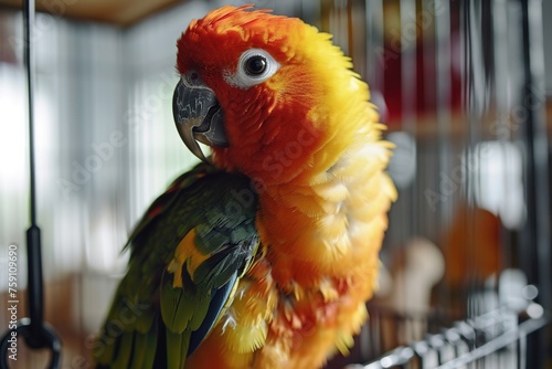Closeup portrait of a beautiful sun conure parakeet sitting in a cage on a perch against a blurred room background  side view