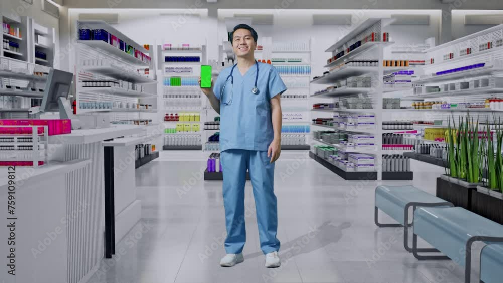 Full Body Of Asian Male Doctor With Stethoscope Smiling And Showing Green Screen Smartphone While Standing In Pharmacy Full Body Of Asian Male Doctor With Stethoscope Smiling And Showing Green Screen Smartphone While Standing In Pharmacy