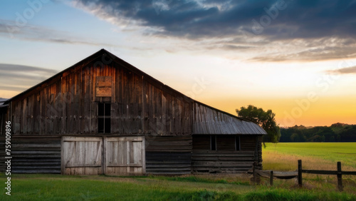 Rustic charm captured, A majestic, weathered wooden barn standing tall amidst the fields, echoing tales of bygone eras. Iconic rural architecture symbolizing tradition and heritage in the heartland photo