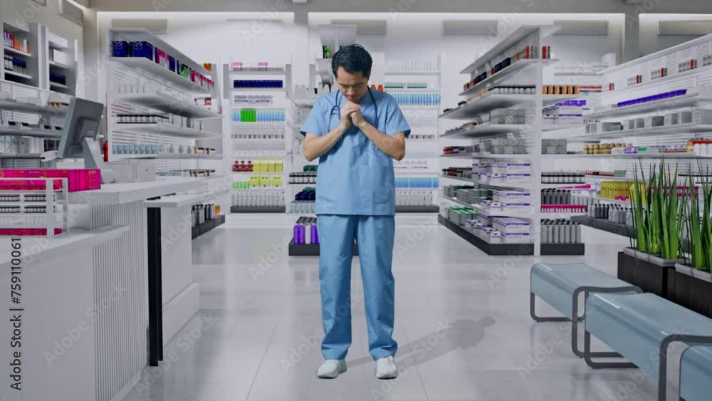 Full Body Of Asian Male Doctor With Stethoscope Pray For Something In Pharmacy Full Body Of Asian Male Doctor With Stethoscope Pray For Something In Pharmacy