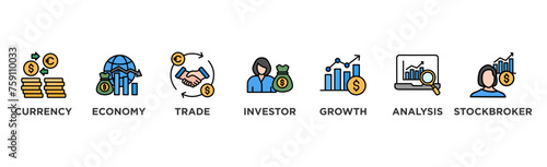 Forex banner web icon vector illustration concept with icon of currency, economy, trade, investor, growth, analysis and stockbroker	