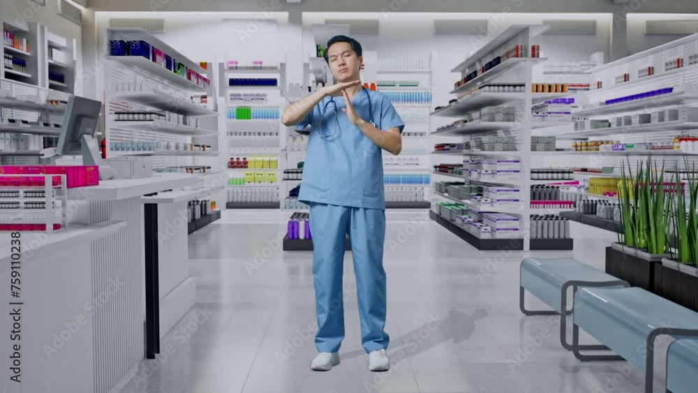 Full Body Of Asian Male Doctor With Stethoscope Doing Time Out Gesture With Hands In Pharmacy Full Body Of Asian Male Doctor With Stethoscope Doing Time Out Gesture With Hands In Pharmacy