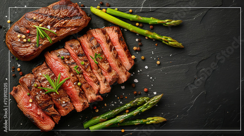An entree showcasing succulent grilled steak crafted from thinly sliced beef, served alongside vibrant green asparagus spears for a burst of color and flavor, white frame 