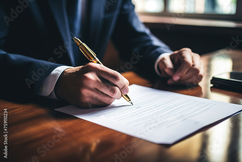 Hands of a man in business suit and white shirt signing a paper with a golden pen at a working wooden table