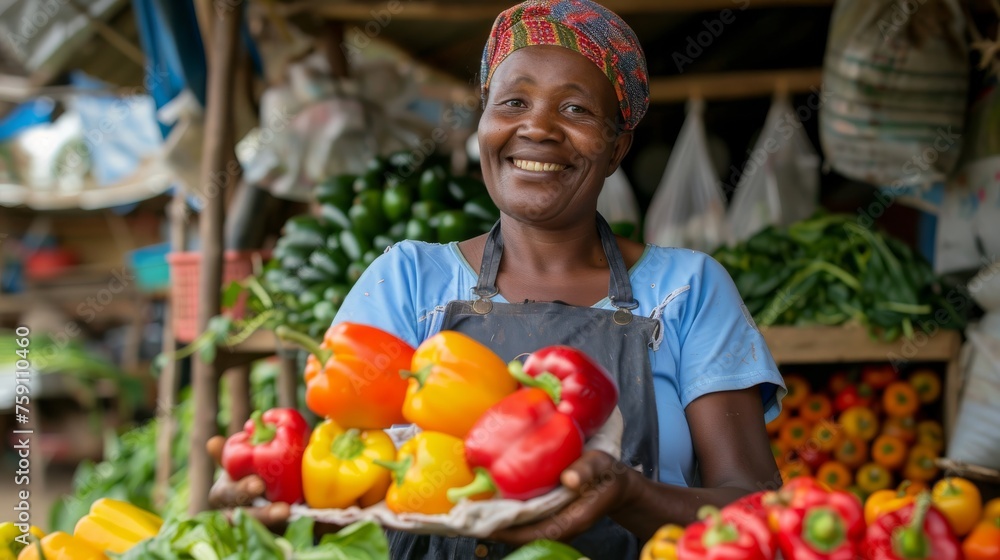 A joyful woman smiles as she holds a basket filled with fresh vegetables
