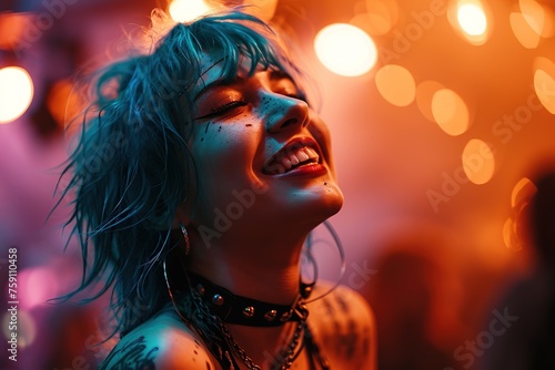 Young attractive punk woman with turquoise green, piercing and choker necklace having fun on blurred background of concert in nightclub