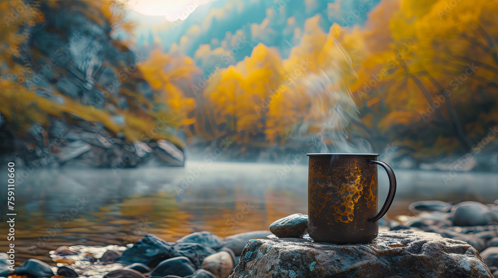 tourist metal mug on the autumn mountain and river concept, travel concept tourist metal mug on the autumn mountain and river concept, travel concept