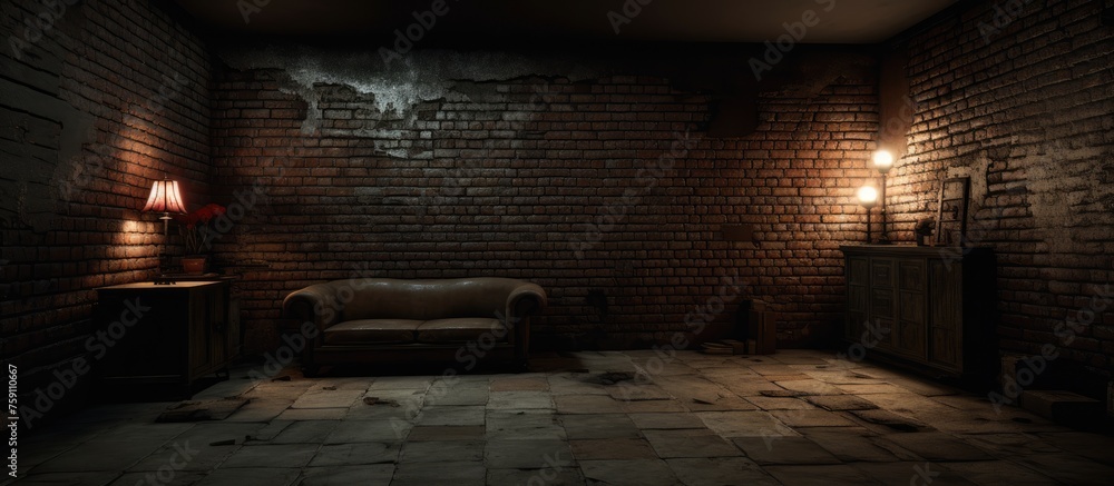 Dimly lit room with tiled floor and brick wall behind - obrazy, fototapety, plakaty 