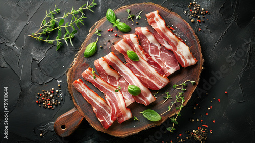Raw bacon back rashers unsmoked on a wooden platter on dark stony background with decorative herbs around photo