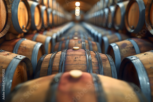 Rows of Wine Barrels in a Wine Cellar photo