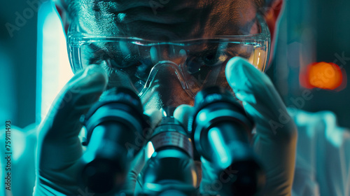 A scientist peering through a microscope, analyzing microbial samples with intense focus. 8K