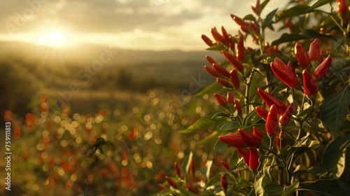 Lush Calabrian chili pepper plants in Italy, showcasing vibrant red ripe chili peppers ready for harvest under the Mediterranean sun.