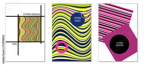 Geometric cover design, set of 3 covers. Abstract unusual background in Memphis style. Bright geometric shapes in random order