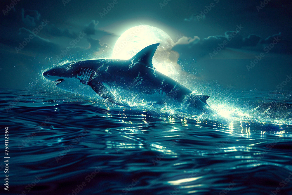 Beneath a full moon the sleek form of a shark cuts through glowing bioluminescent plankton