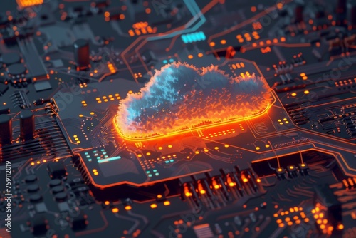Cloud on Computer Board with Neon Lights and Circuits network security concept