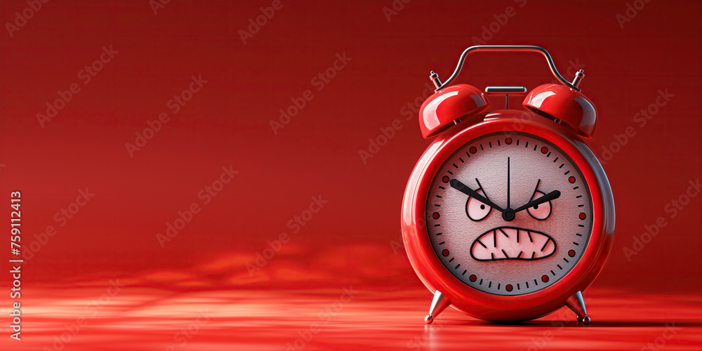 Cartoon character angry sad alarm clock on a red isolated background with copy space. Deadline - obrazy, fototapety, plakaty 