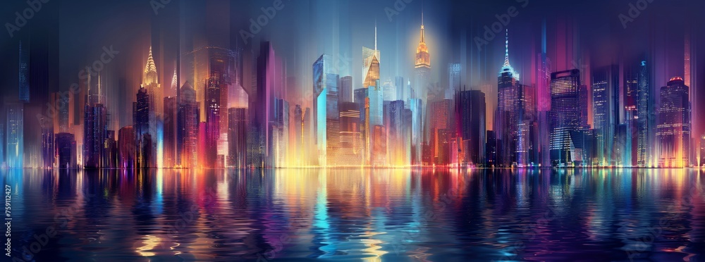 Fototapeta premium Colorful artistic cityscape illustration, Artistic city skyscape vector image, Vibrant and colorful night city skyline with tall buildings or skyscrapers and reflection in the water, AI Generated