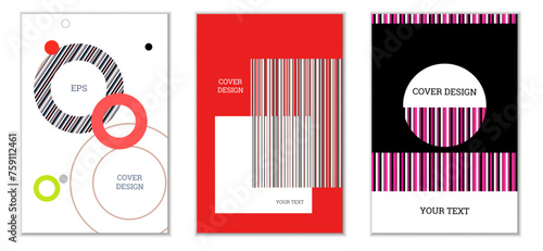 Geometric cover design, set of 3 covers. Abstract unusual background in Memphis style. Bright geometric shapes in random order