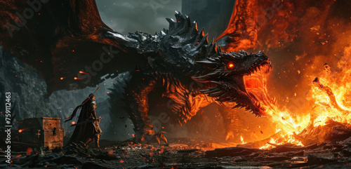 Angry evil dragon with red eyes spitting fire flames.