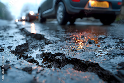 Car Navigating Pothole on Street © D