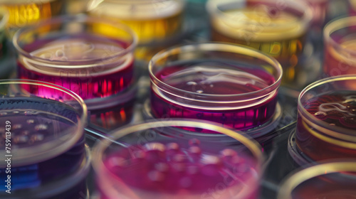 Close-up of petri dishes filled with various bacterial cultures, lined up meticulously in a laboratory setting. 8K