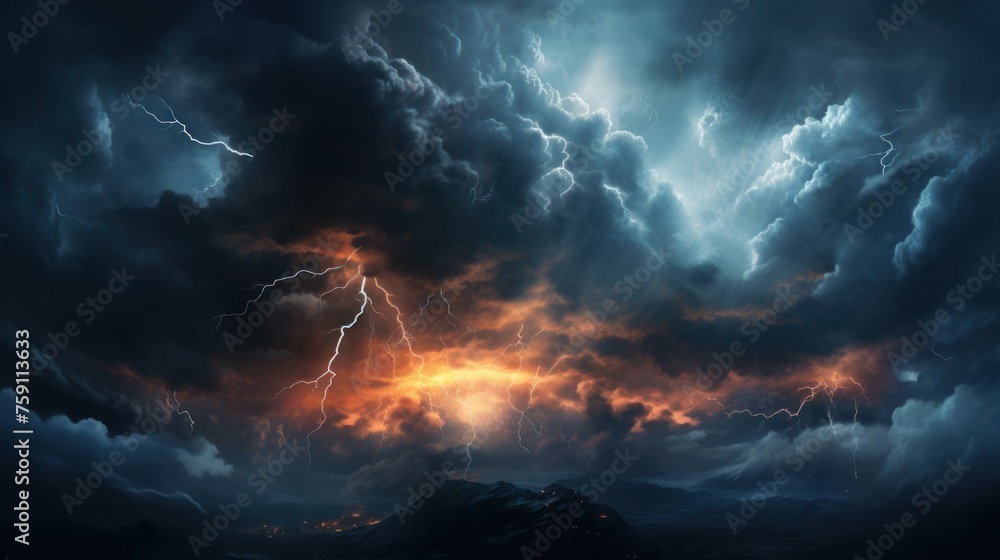 Bright lightning strike in a thunderstorm at night. - obrazy, fototapety, plakaty 