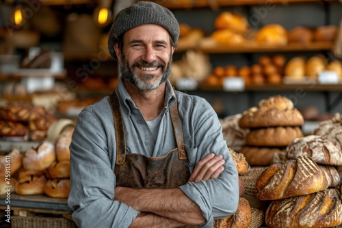 A small business owner proudly standing in front of their thriving artisan bakery