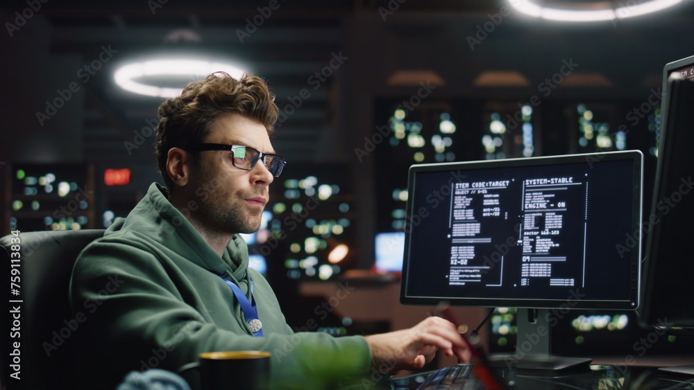 Software engineer looking monitors in monitoring office closeup. Analyst typing Software engineer looking monitors in monitoring office closeup. Analyst typing