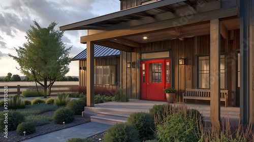 a visual concept of a farmhouse entryway with a modern red door, covered porch, and wood and vinyl elements