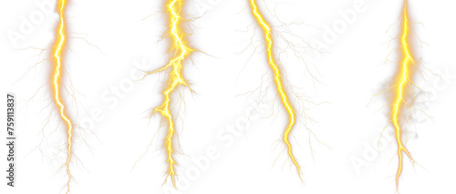 Yellow Lightning bolt strike set. Isolated transparent background. Zeus, God, Jupiter, Thor, mythology concepts. Shock and energy glow. Fractal light burst flair. Fantasy glowing transparent PNG. 