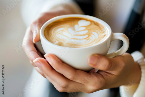 Close-up photo of girl's hands holding cup of coffee with beautiful pattern on top. The concept of pleasant meetings over a cup of coffee