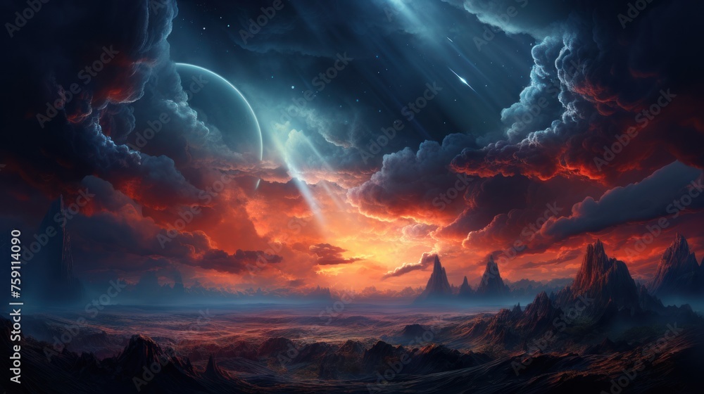 Naklejka premium Alien land landscape with giant planet and mountains. Fantasy wall paper.