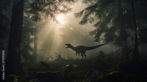 Dinosaur stands in sunny prehistoric forest. Photorealistic.