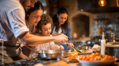 A family cooking class  with each member trying their hand at creating a delightful dish.
